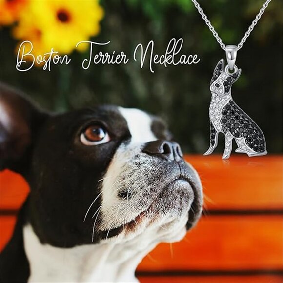 Boston Terrier Dog Breed Rhodium Plated Sterling Silver CZ Stone Necklace NEW - Picture 7 of 11